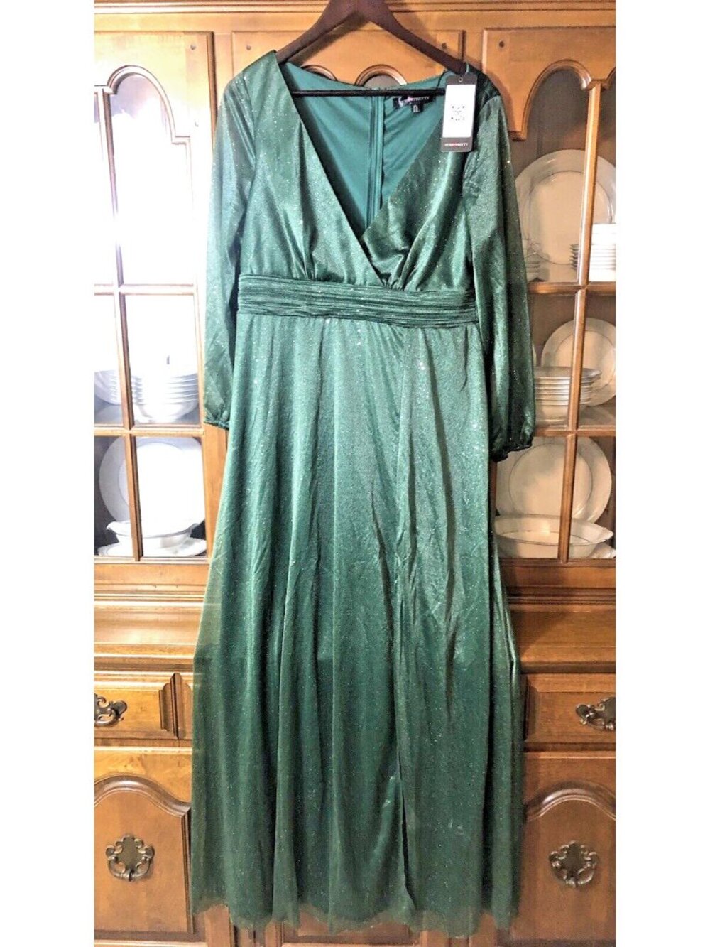 Ever-Pretty Green Sparkle Dress Long Sleeve Women's Size 16 Christmas Formal